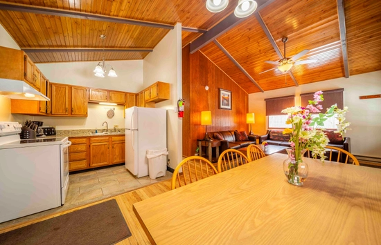 A cozy living room and kitchen with wood paneling and vaulted ceilings. A dining table with chairs in the foreground, a leather sofa and chairs in the background.