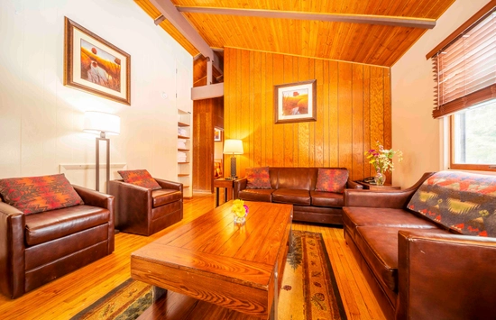 A cozy living room with wood-paneled walls and ceiling, brown leather sofas and armchairs, a wooden coffee table, two lamps, colorful cushions, a patterned rug, and two framed artworks on the walls.