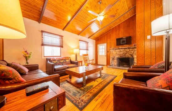 Cozy living room with wood-paneled walls and ceiling, leather sofas, a wooden coffee table, area rug, rocking chair, stone fireplace, wall-mounted TV, and windows letting in natural light.