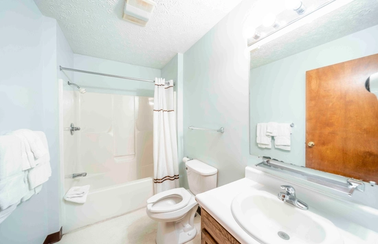 Bright, clean bathroom with a bathtub and shower, white shower curtain, toilet, sink with wood cabinet, large mirror, white towels, and overhead lighting.