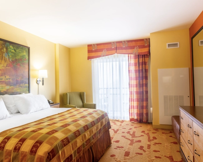 A brightly lit hotel room with a king-sized bed, colorful bedspread, three pillows, abstract wall art, a green armchair by the window, and a large TV on a wooden dresser with a decorative lamp.